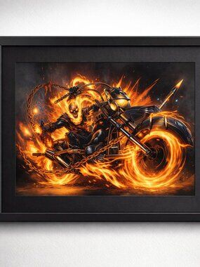 Ghost Rider Flaming Motorcycle Framed Art Print Marvel | Wall Art | Man Cave